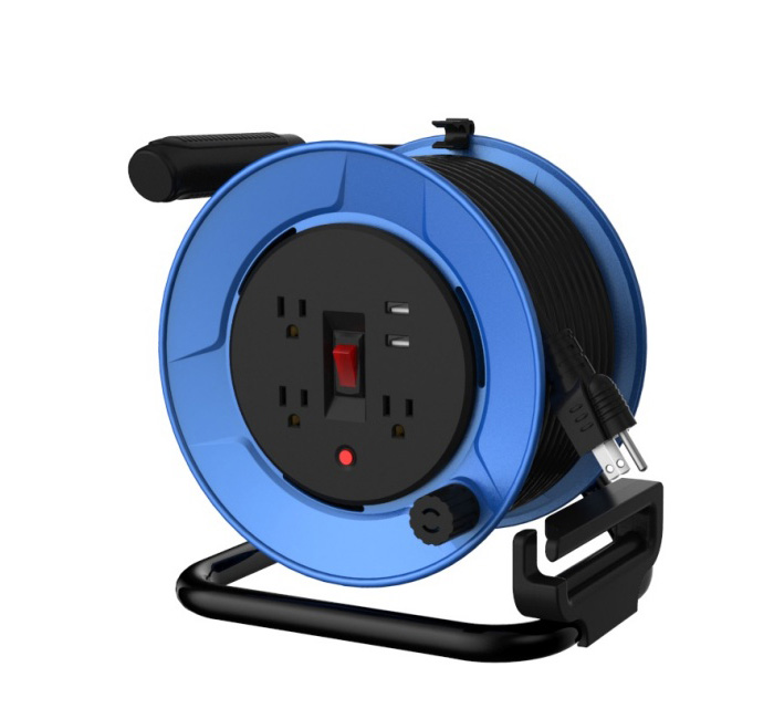 3 Outlets Plastic Usb2.4a Cord Reel 50ft With Overload Protection